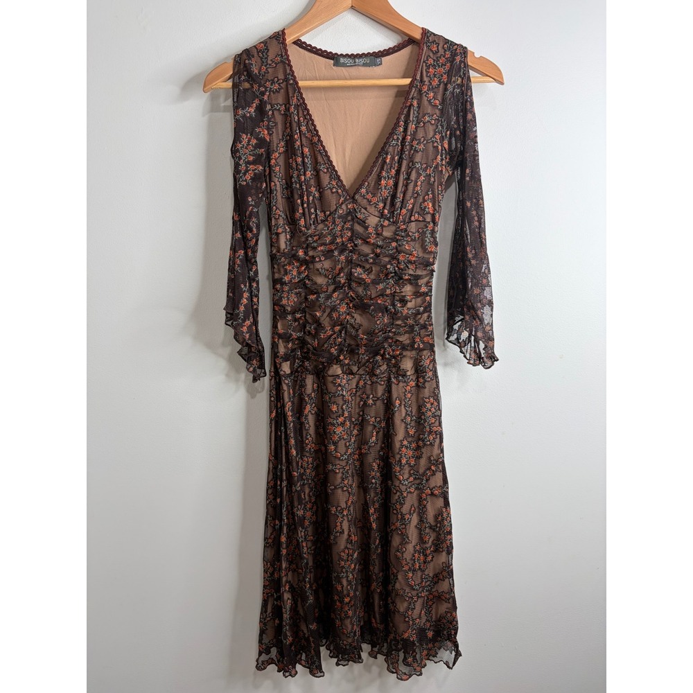 Y2K Bisou Bisou Floral Mesh Midi Dress XS Brown Whimsigoth Coquette Witchy Fairy